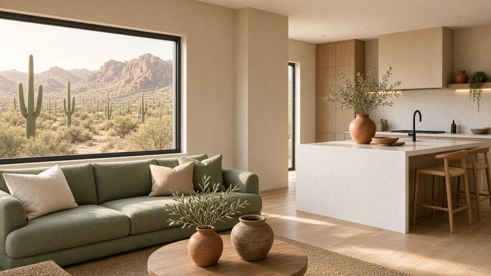 A bright, freshly cleaned living room and kitchen with sage sofa, terracotta vases, and a window view of saguaros